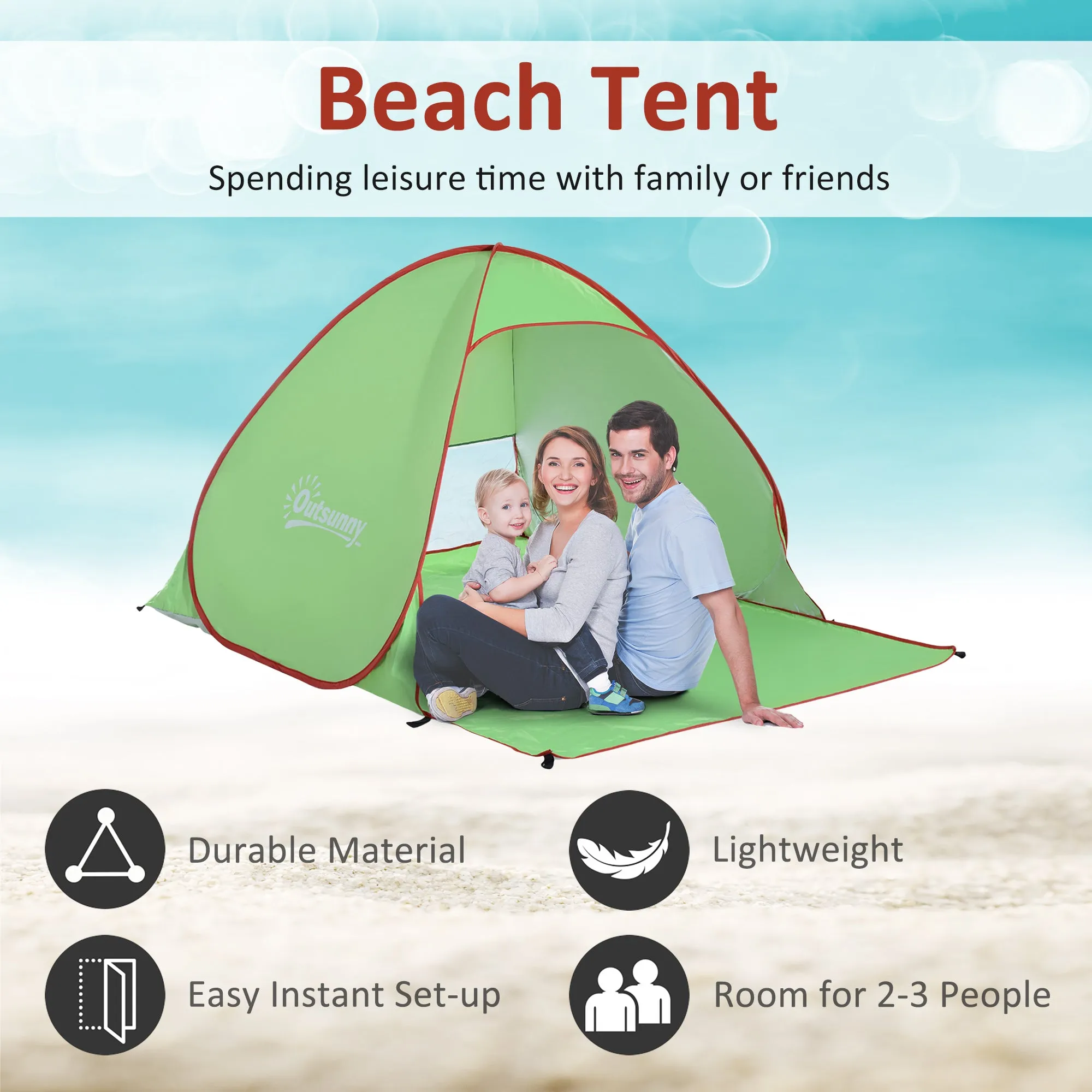 2-3 Person Pop up Tent Beach Tent Hiking UV 30  Protection Patio Sun Shelter (Green)