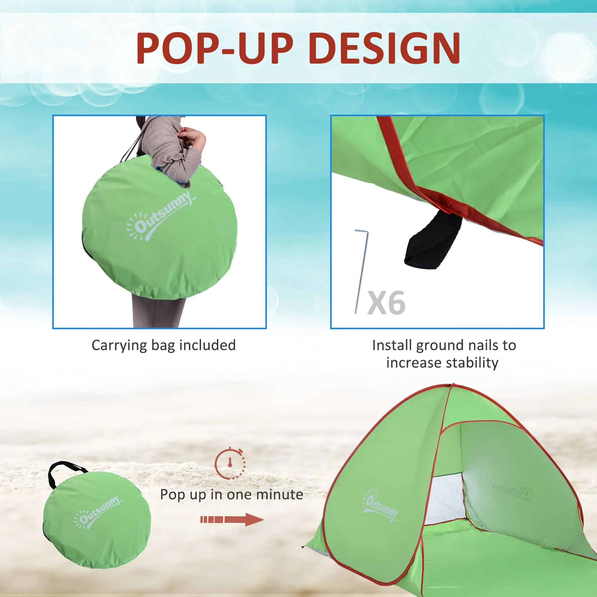 2-3 Person Pop up Tent Beach Tent Hiking UV 30  Protection Patio Sun Shelter (Green)