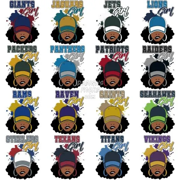 32 Football Teams Girl Caps Designs Bundle PNG PSD