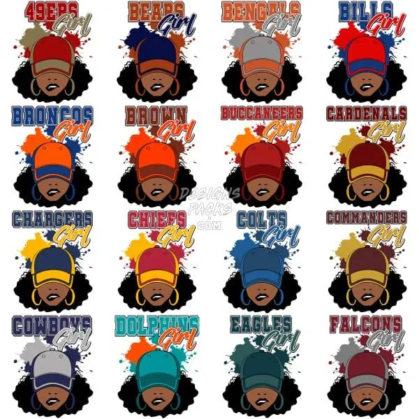 32 Football Teams Girl Caps Designs Bundle PNG PSD