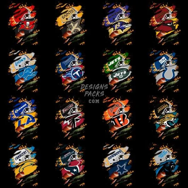 32 RIPPED FLAMES Football Designs Bundle PNG