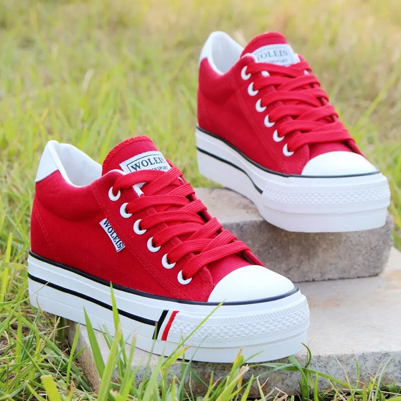 Ashore Shop Women Inner Height Increasing Canvas Wedge Shoes Trainers Female Sneakers Woman Casual Thick Bottom Sneaker