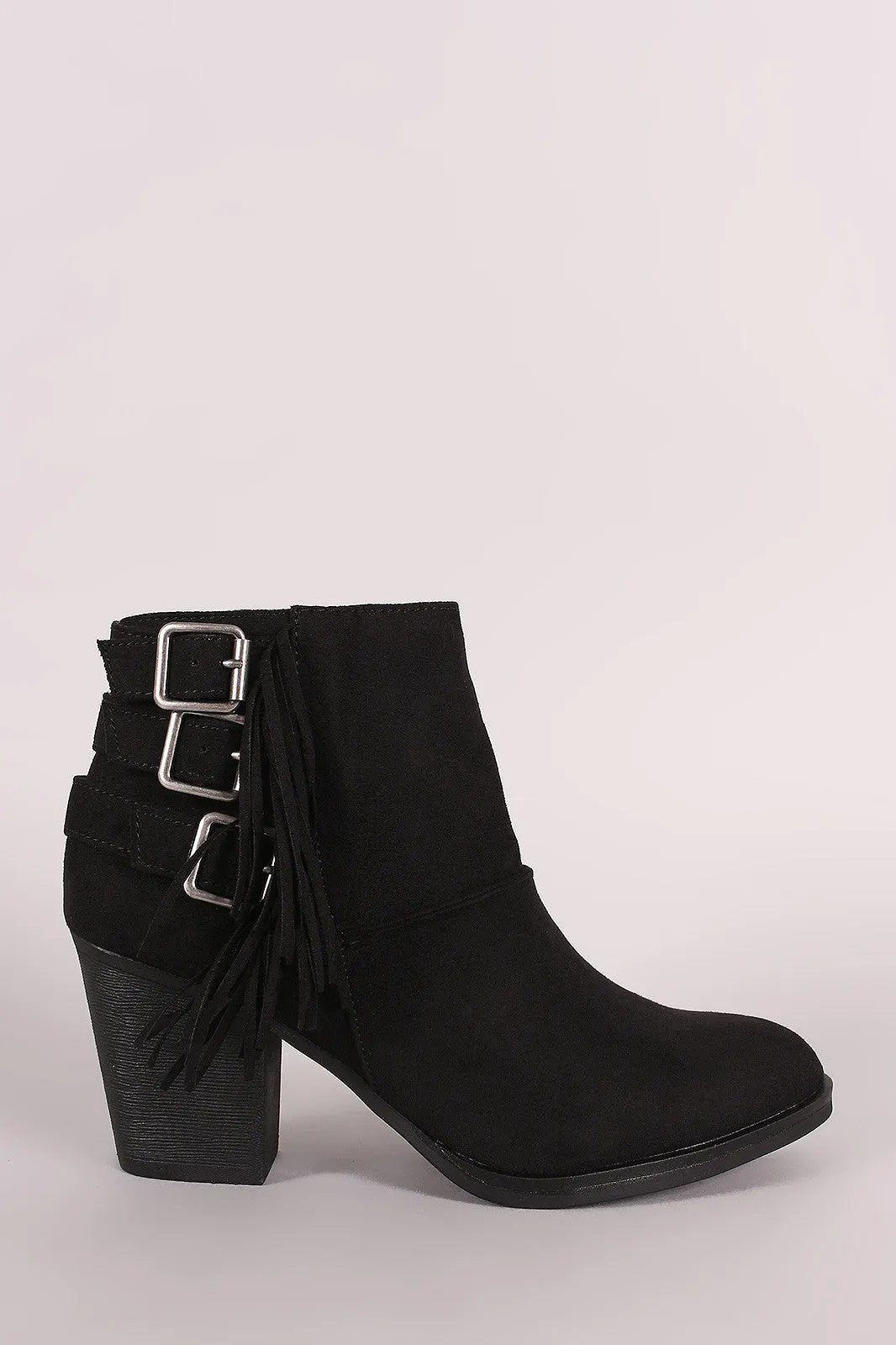 Bamboo Suede Buckled Side Fringe Chunky Heeled Booties