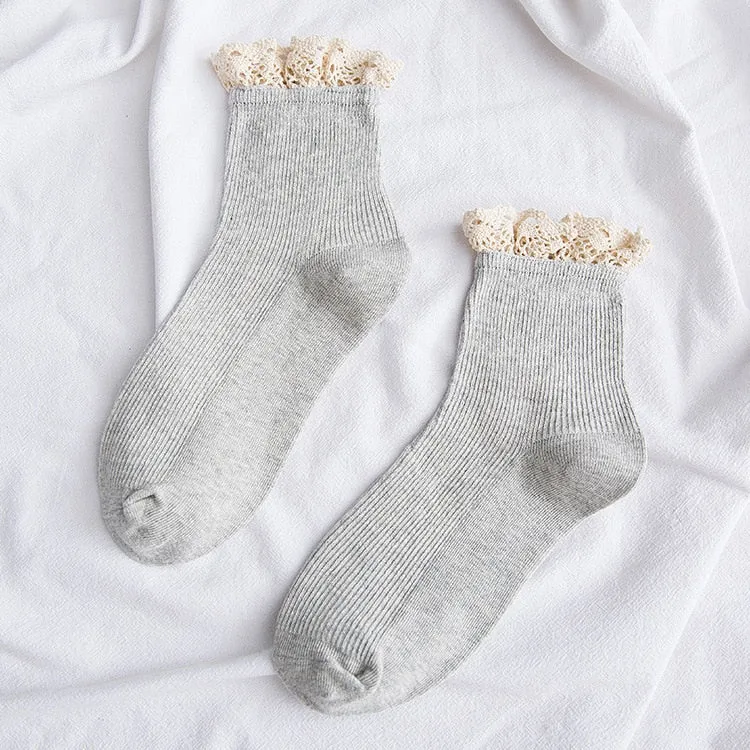 Beloved Lace Top Ankle Socks In 9 Different Colors You Choose Crochet Lace Natural Cotton Stretch Spandex Girly Lacey Black White Light Gray Mustard Yellow Brown Baby Blue Or Olive Army Green