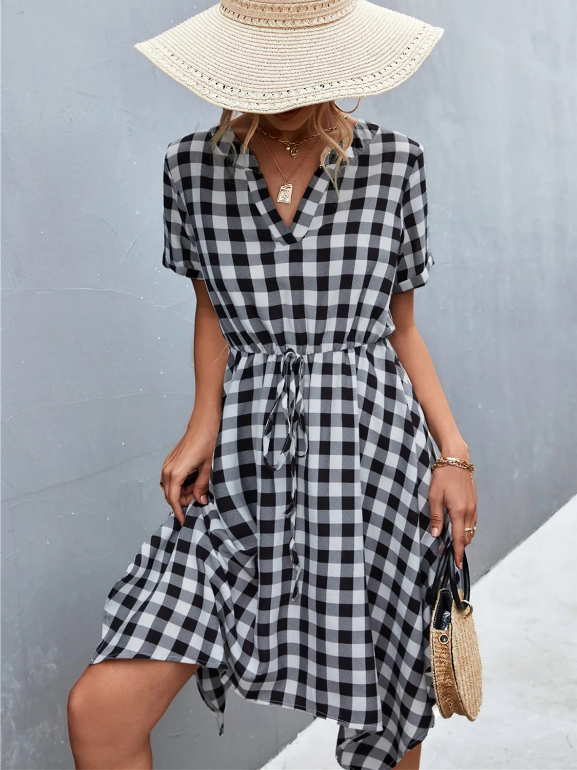 Black and White Plaid Notched Short Sleeve Dress Waist Tie Casual Flare Skirt dress