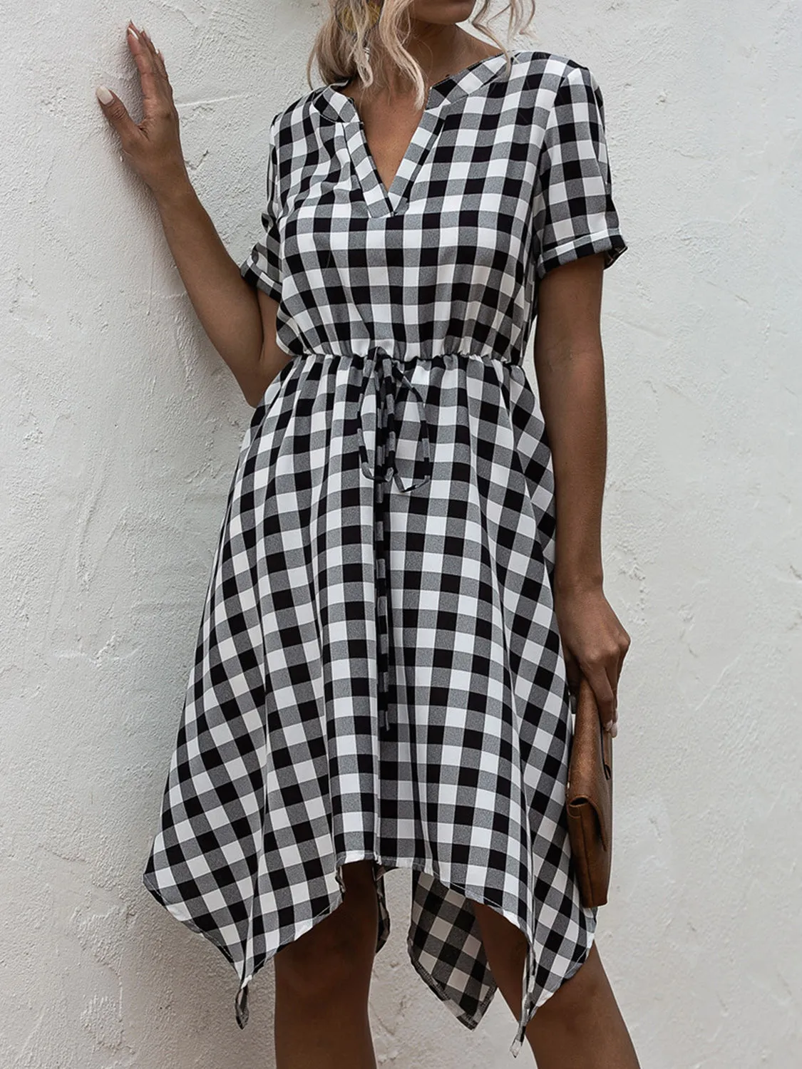 Black and White Plaid Notched Short Sleeve Dress Waist Tie Casual Flare Skirt dress