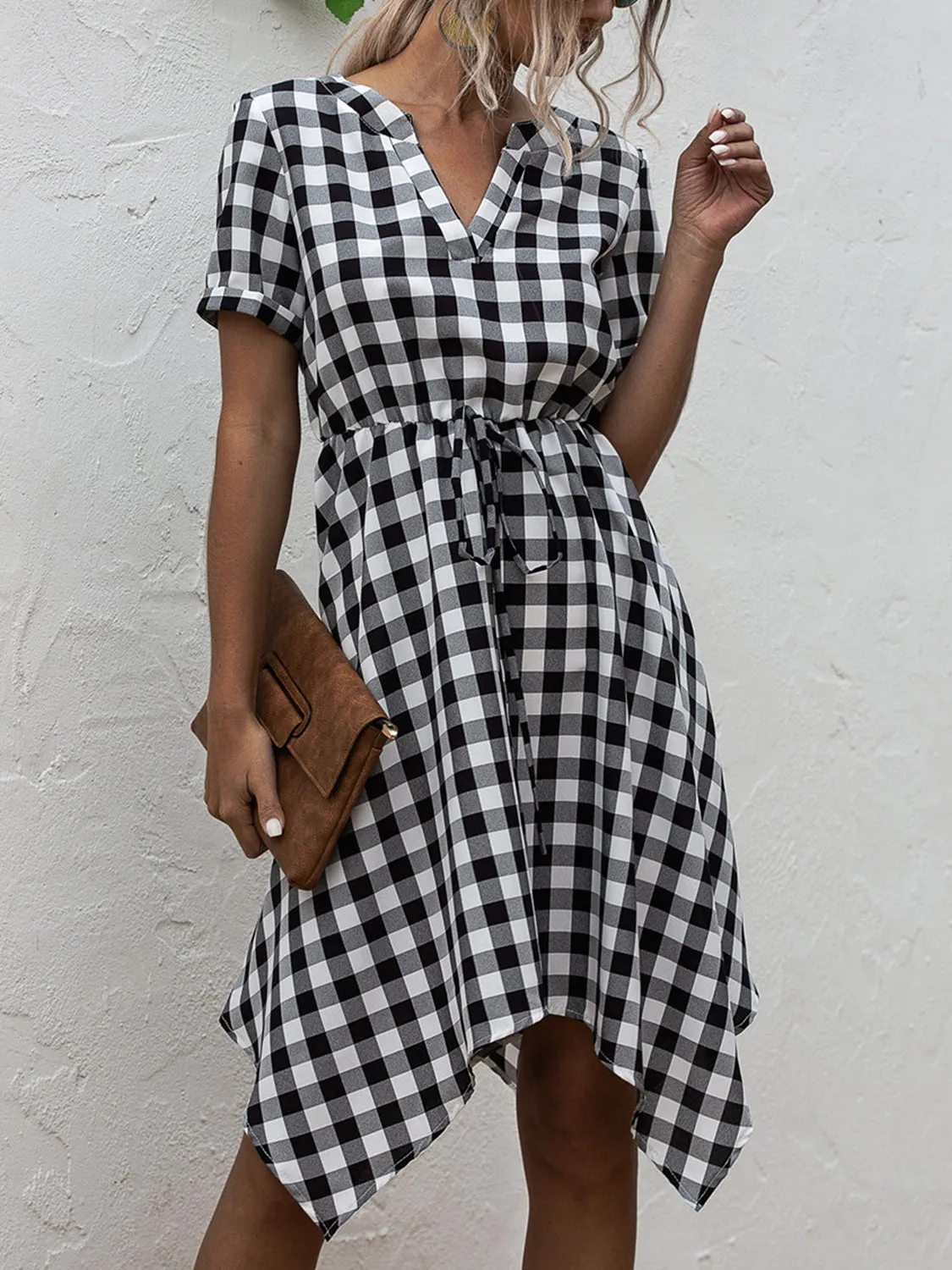 Black and White Plaid Notched Short Sleeve Dress Waist Tie Casual Flare Skirt dress