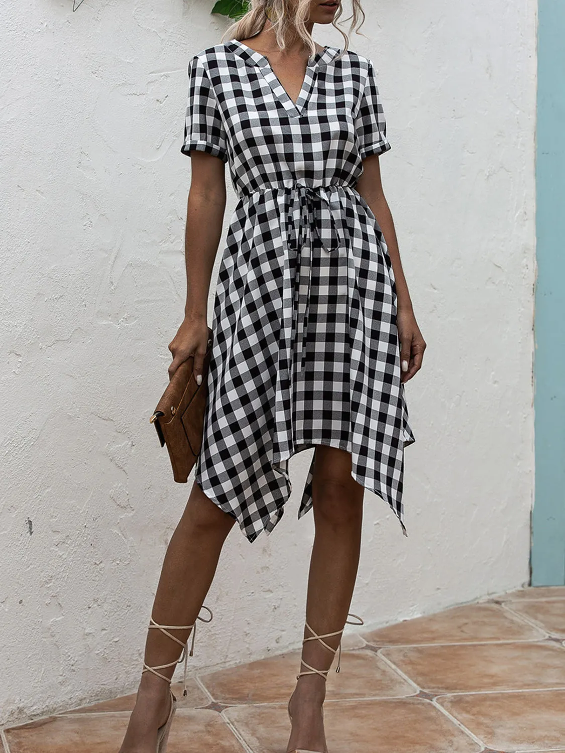 Black and White Plaid Notched Short Sleeve Dress Waist Tie Casual Flare Skirt dress