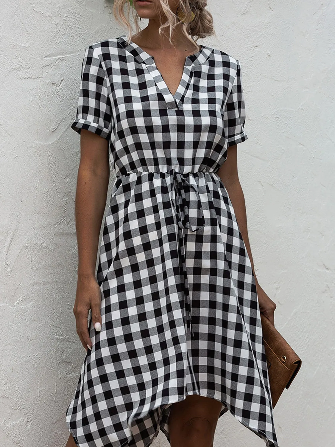 Black and White Plaid Notched Short Sleeve Dress Waist Tie Casual Flare Skirt dress