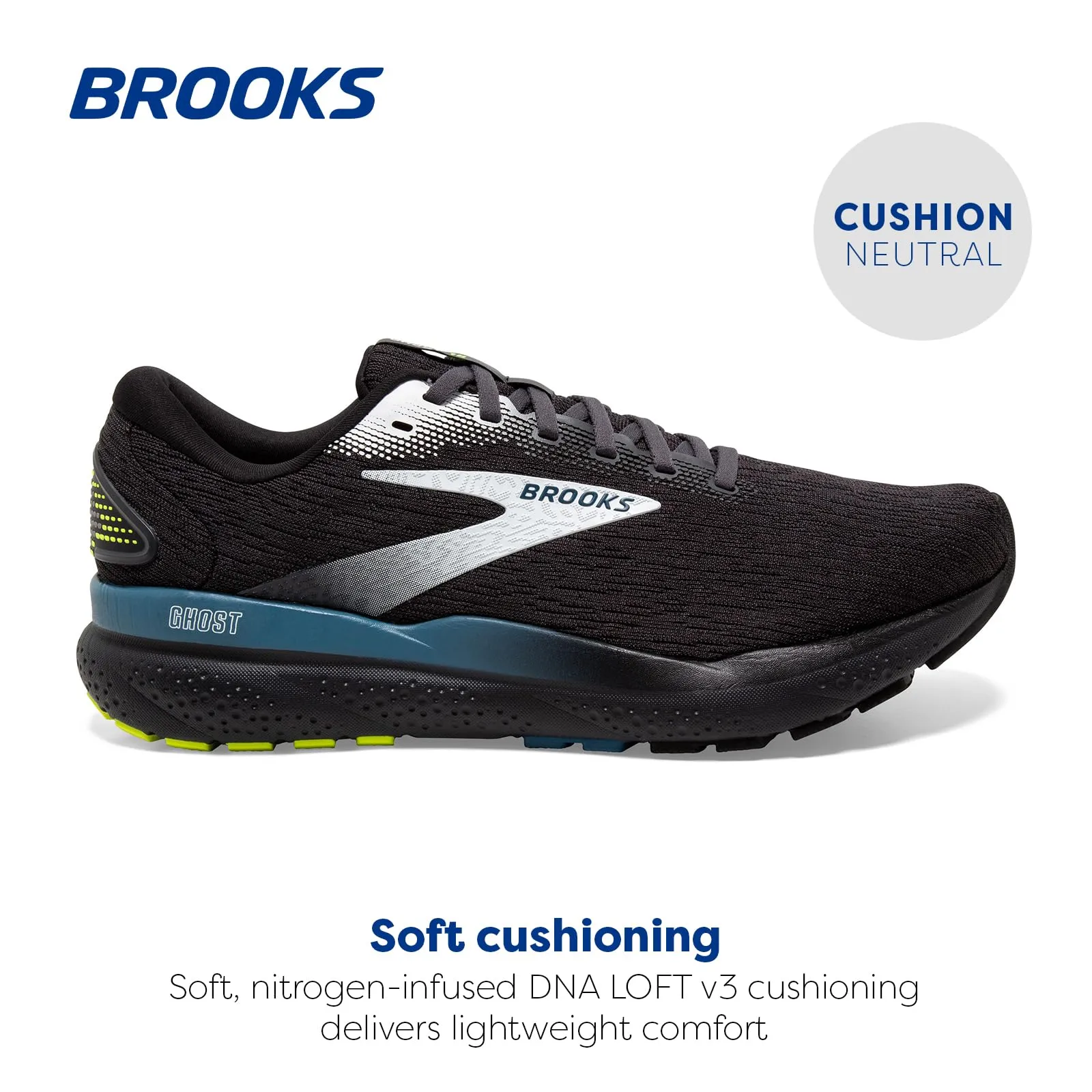 Brooks Men’s Ghost 16 Neutral Running Shoe - Black/Ebony/Blue - 9.5 Medium