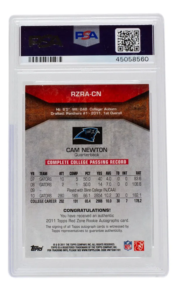 Cam Newton Signed 2011 Topps Rookie Red Zone #CN Panthers Football Card PSA/DNA 10