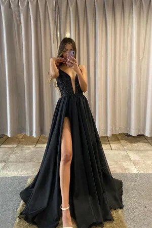 Classic Detachable A-Line V-Neck Black Tulle Prom Dress PSK383