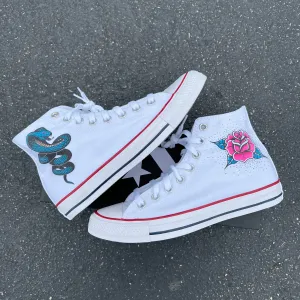 Cobra Snake Rose Flower Tattoo Themed Custom High Top Converse - Custom Converse Shoes