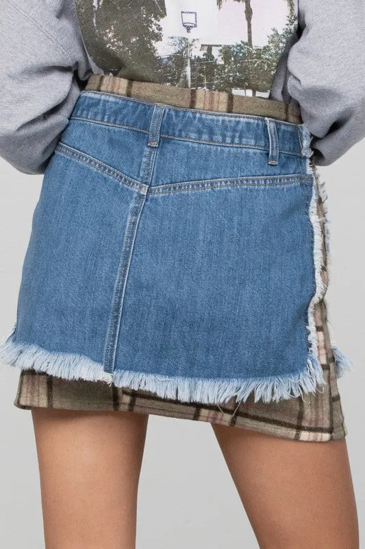 Denim Mini Skirt with Plaid Detail 100% Cotton Premium Luxury Women's Fashion