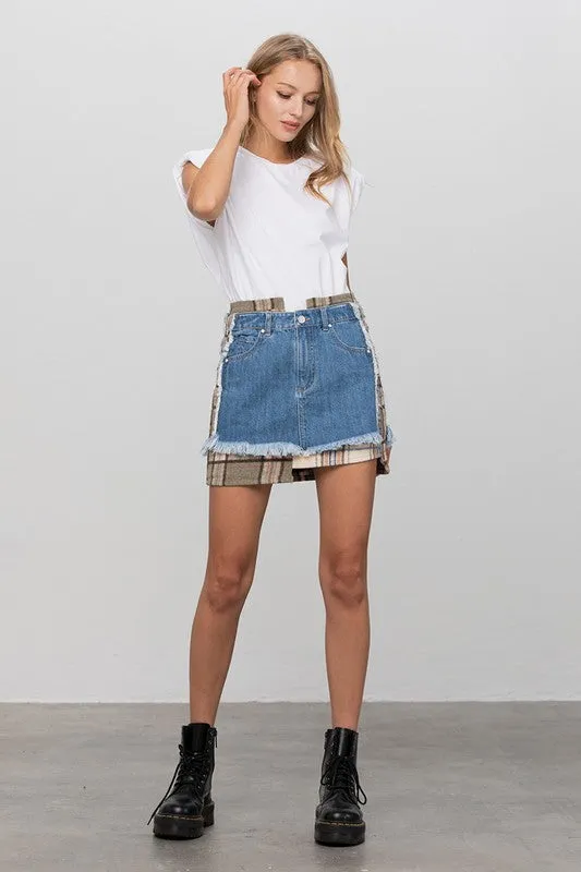 Denim Mini Skirt with Plaid Detail 100% Cotton Premium Luxury Women's Fashion