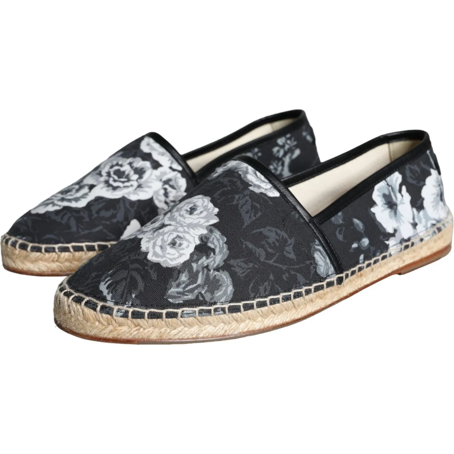 Dolce & Gabbana Black Floral Cotton Leather Espadrilles Shoes