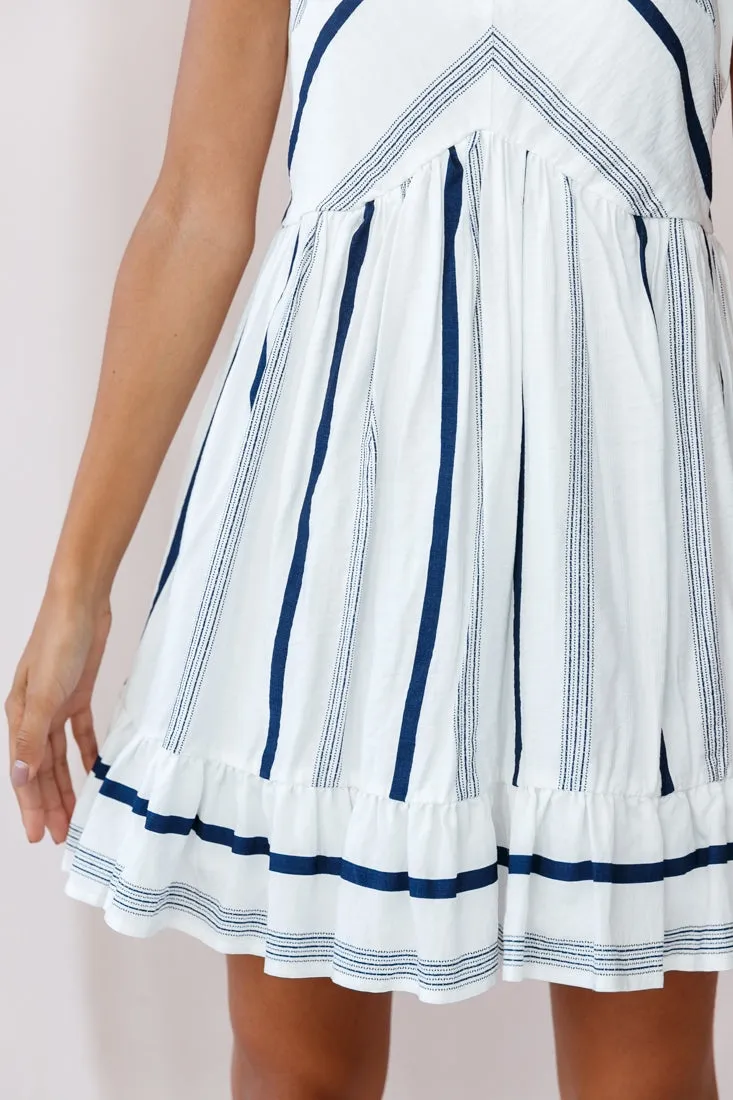 Elsie Square Neckline Frill Hem Swing Dress Stripe Print Navy