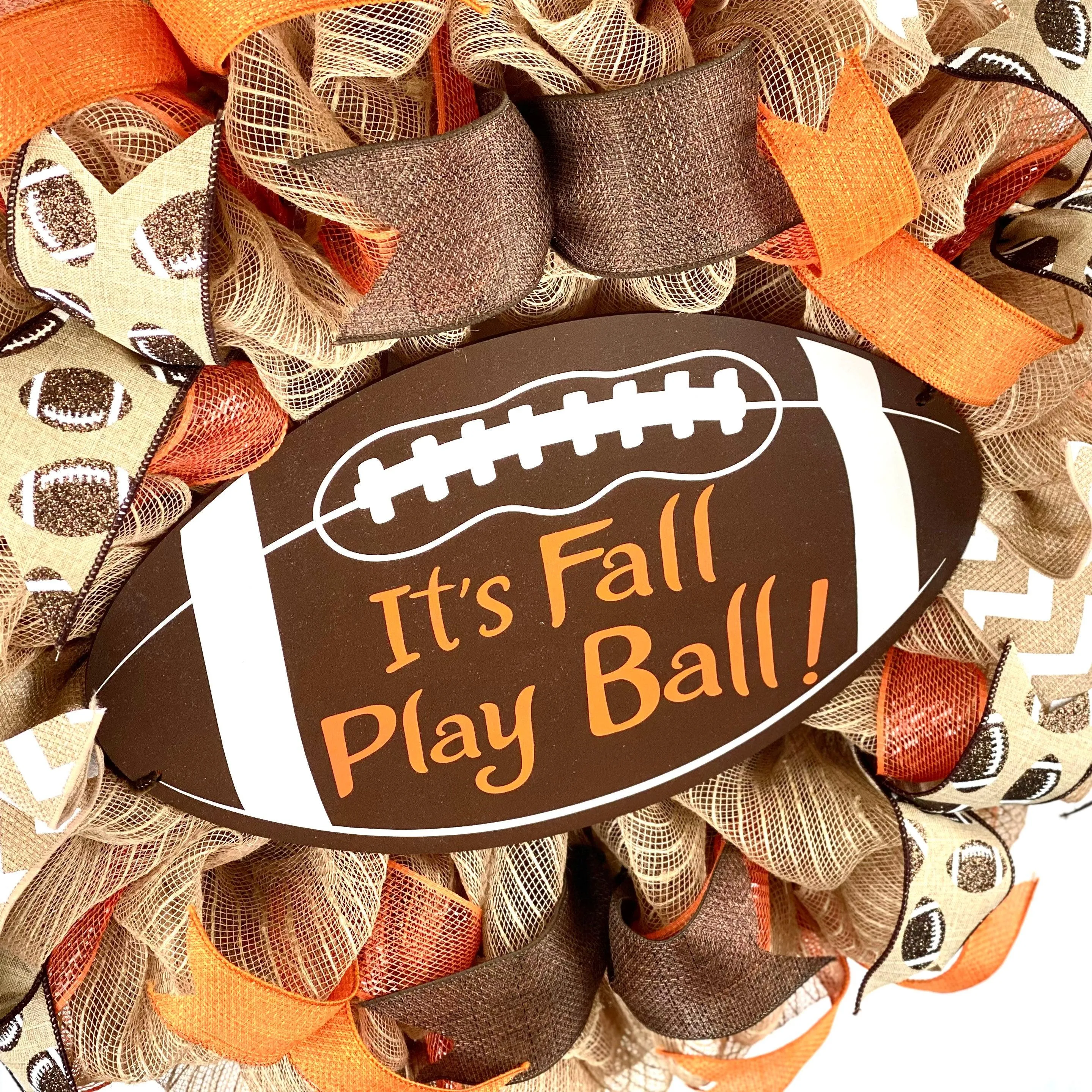 Football Its Fall Play Ball Deco Mesh Outdoor Front Door Wreath : Brown Orange Burlap Jute