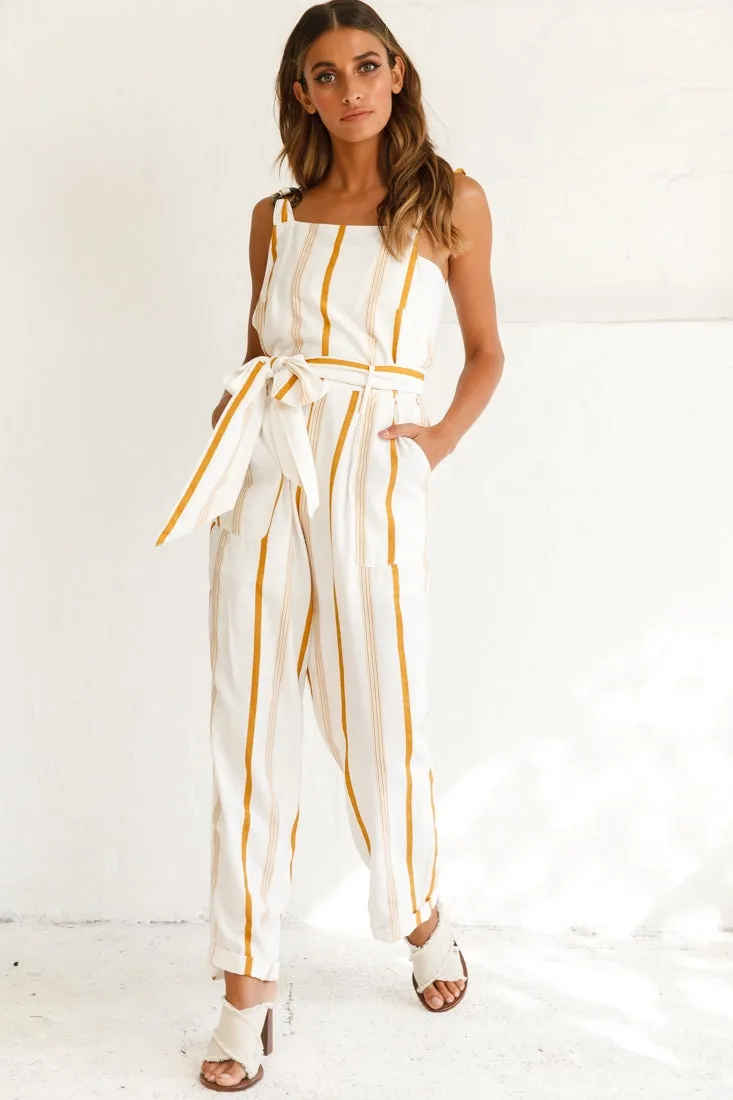 Fresno Straight Leg Pinafore Jumpsuit Stripe Print Mustard