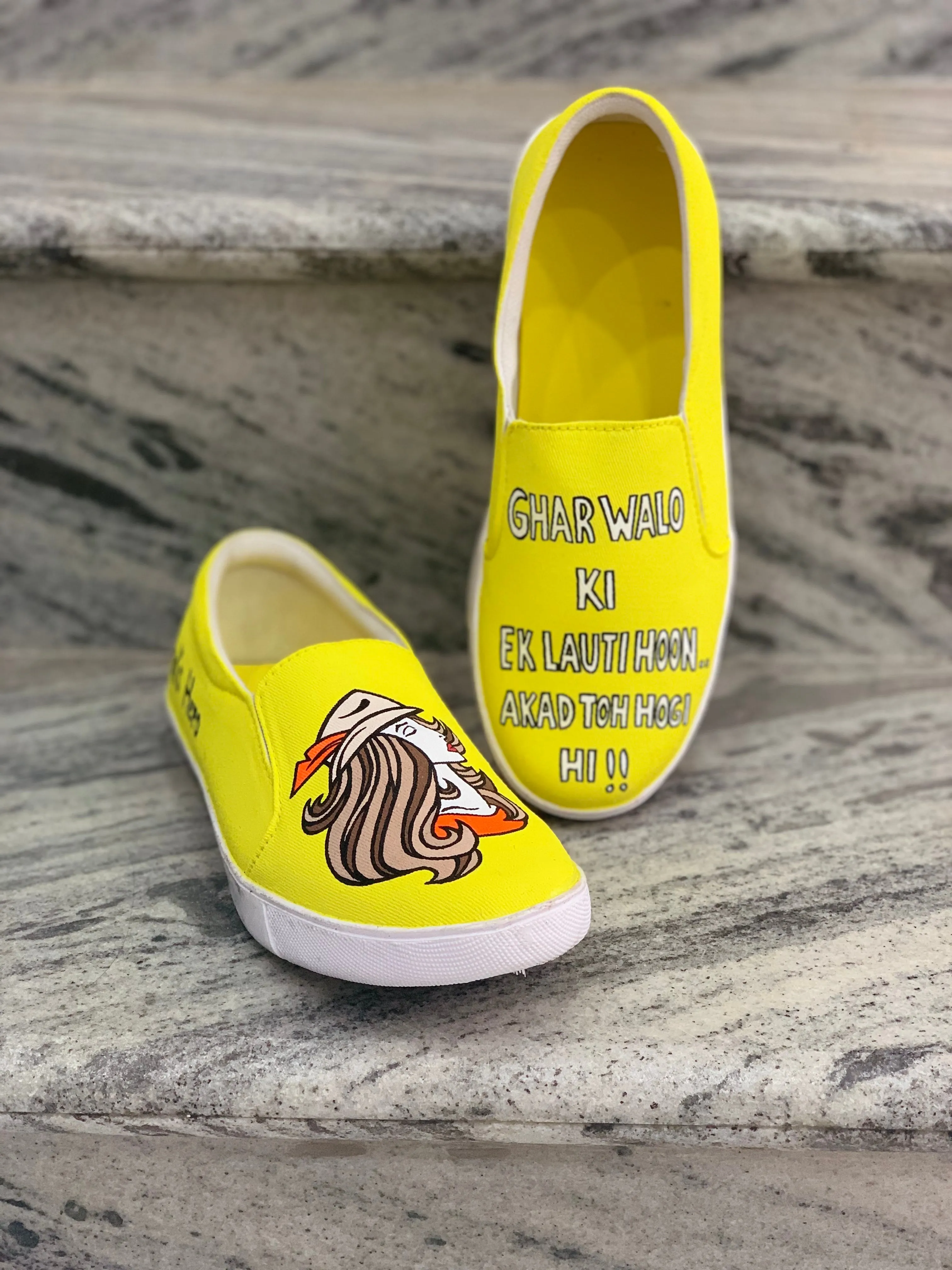 Funky N Trendy hand painted water resistant Quirky quote yellow shoes/ handpainted shoes/ women shoes / funky shoes