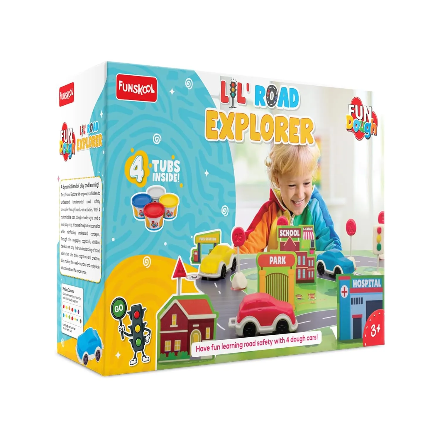 Funskool Fundough Lil' Road Explorer Cars Playset, Learn Traffic Safety and Traffic Rules, Flash Cards - Shaping, Sculpting Toy For 3 Years and Above