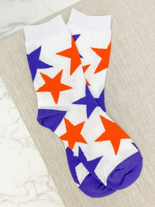 Game Day Star Print Crew Socks - Purple & Orange