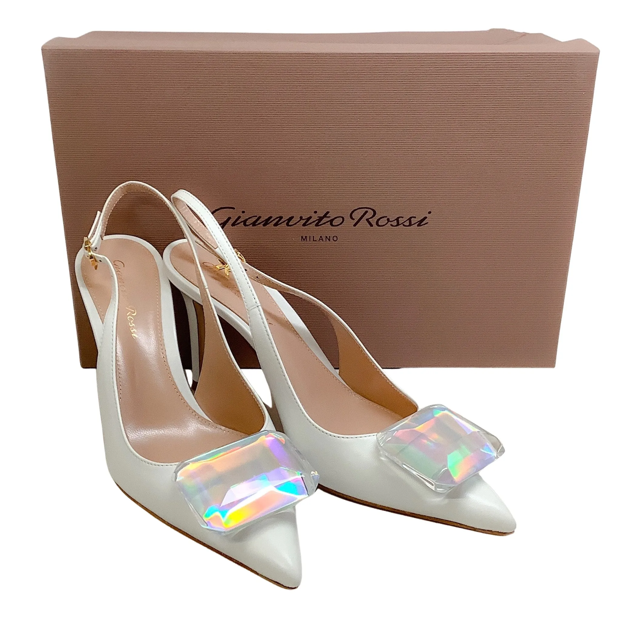 Gianvito Rossi White Leather Jaipur Jewel Slingback Pumps