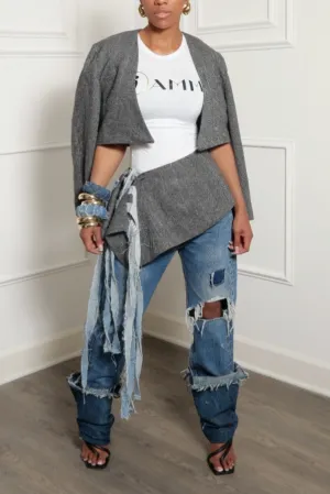 *Gray Vintage Two piece suit Denim fringe