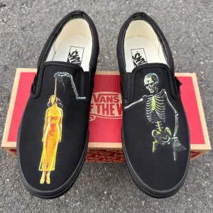 Halloween Skeleton Skull Hang Horror - Black on Black Custom Vans Shoes