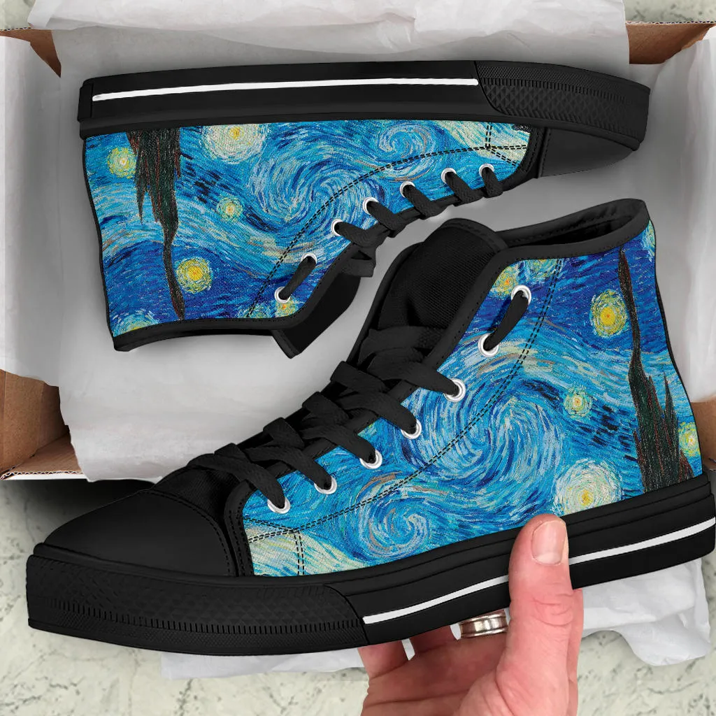 High Top Sneakers - Vintage Art | Vincent van Gogh: The Starry Night (B) | Custom Canvas Shoes, Birthday Gift Idea, Unique, 90s Hip Hop Cool