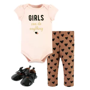 Hudson Baby Cotton Bodysuit, Pant and Shoe Set, Cinnamon Hearts Short Sleeve