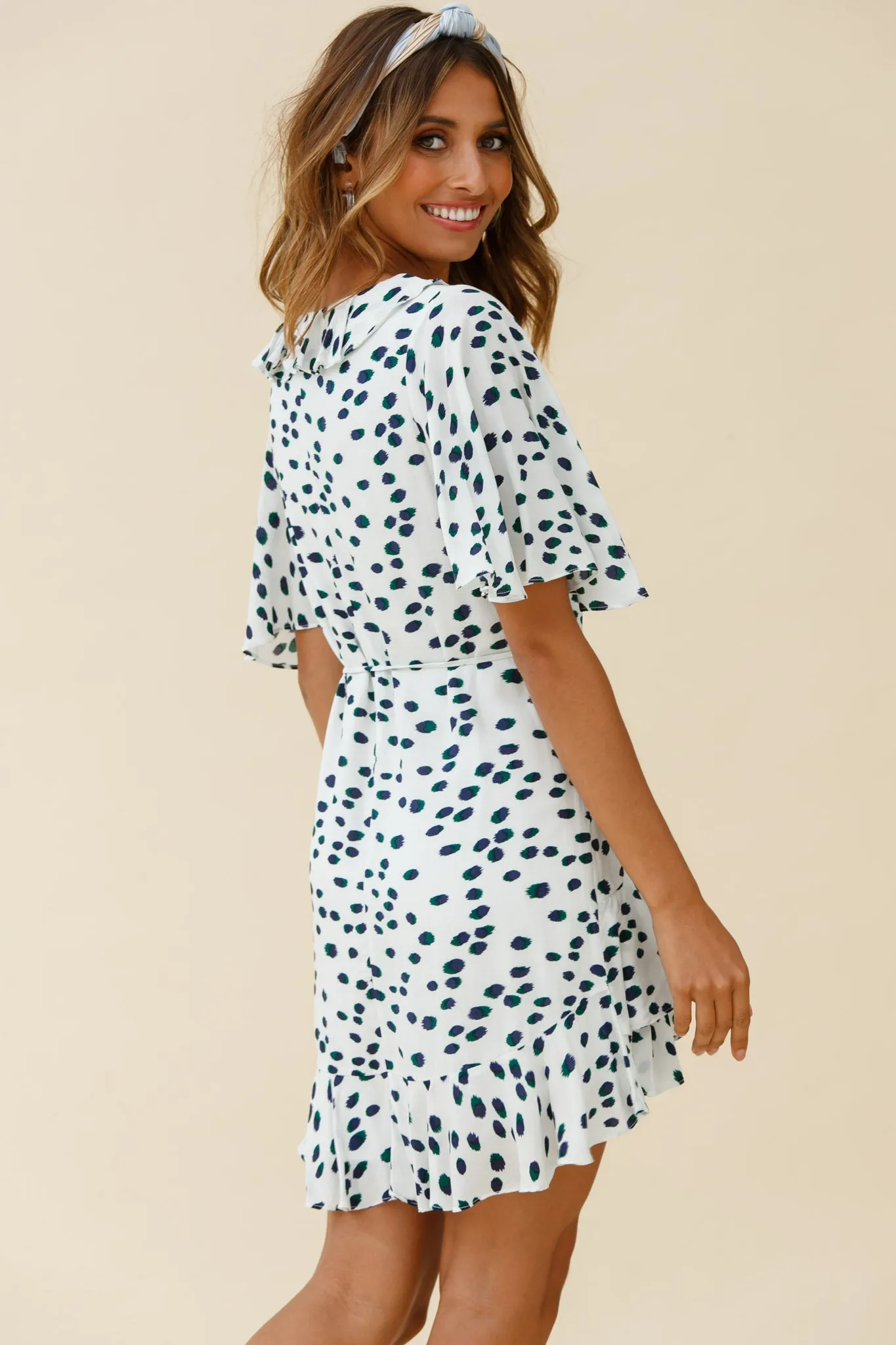 Keziah Angel Sleeve Ruffle Trim Dress Spotty Print White