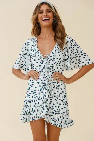 Keziah Angel Sleeve Ruffle Trim Dress Spotty Print White