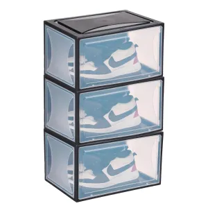 Kuber Industries Pack of 3 Sneaker Box | Plastic Stackable Shoe Organizer | Multi Purpose Space-Saving Storage Box | Black