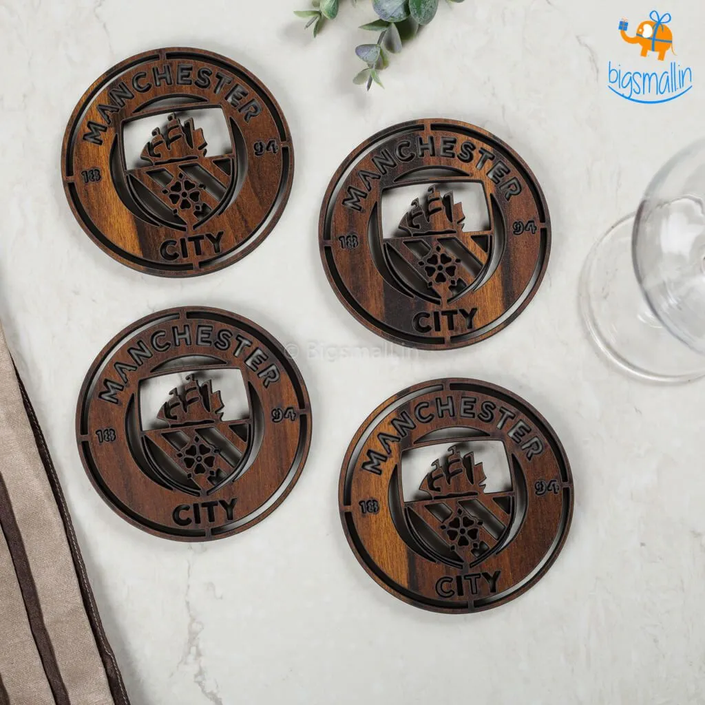 Laser Cut Manchester City Wooden Coasters - Set of 4