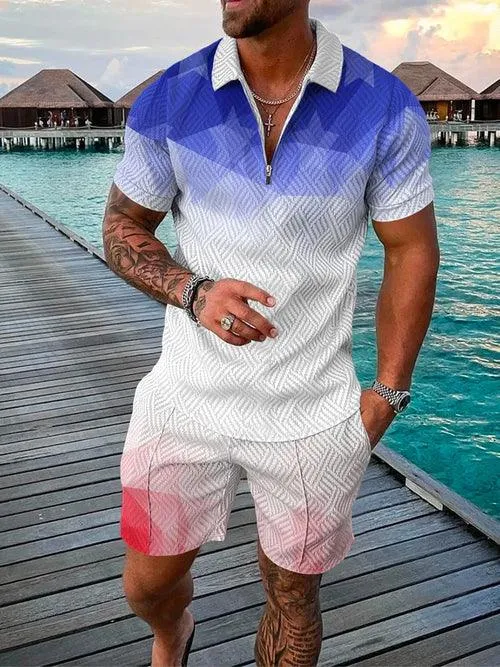 Men's Shorts Set Sleeve Zip Polo Shirt