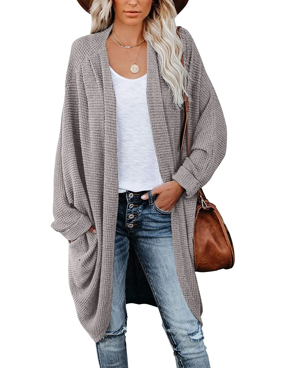 MEROKEETY Waffle Knit Batwing Long Sleeve Cardigan