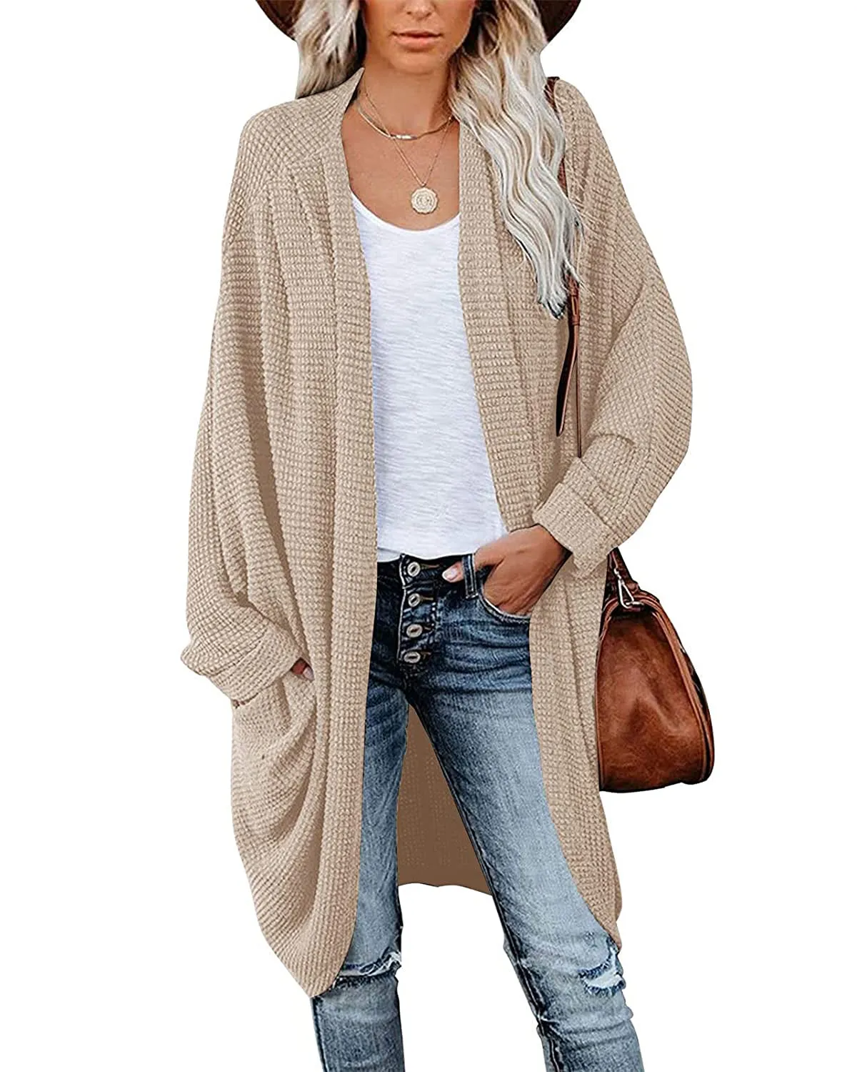 MEROKEETY Waffle Knit Batwing Long Sleeve Cardigan