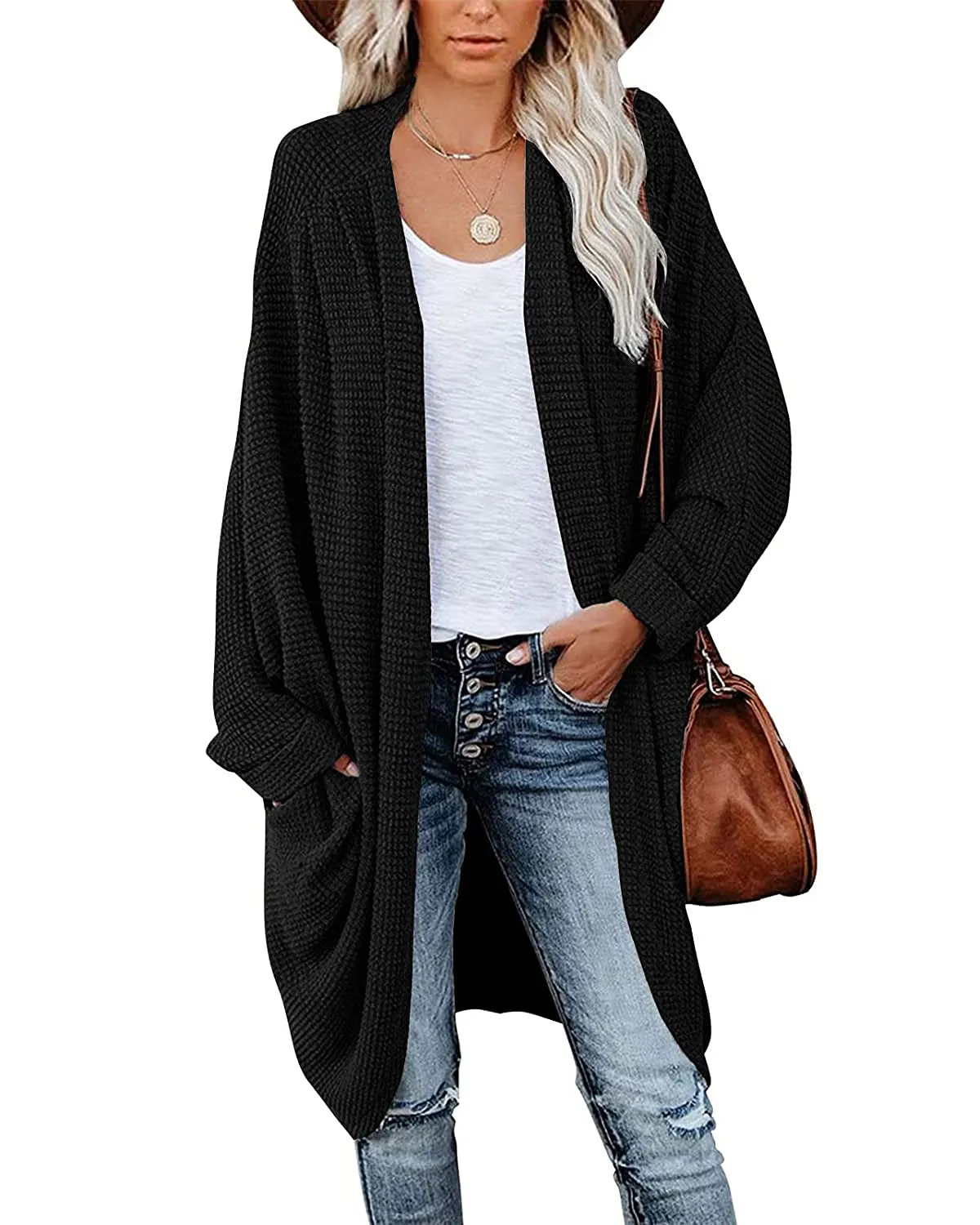 MEROKEETY Waffle Knit Batwing Long Sleeve Cardigan