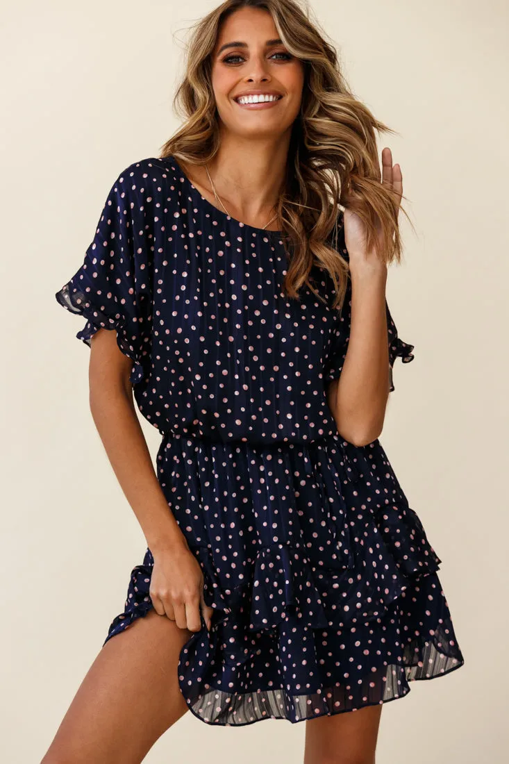 Mollina Frill Sleeve Layered Hem Dress Spot Print Navy