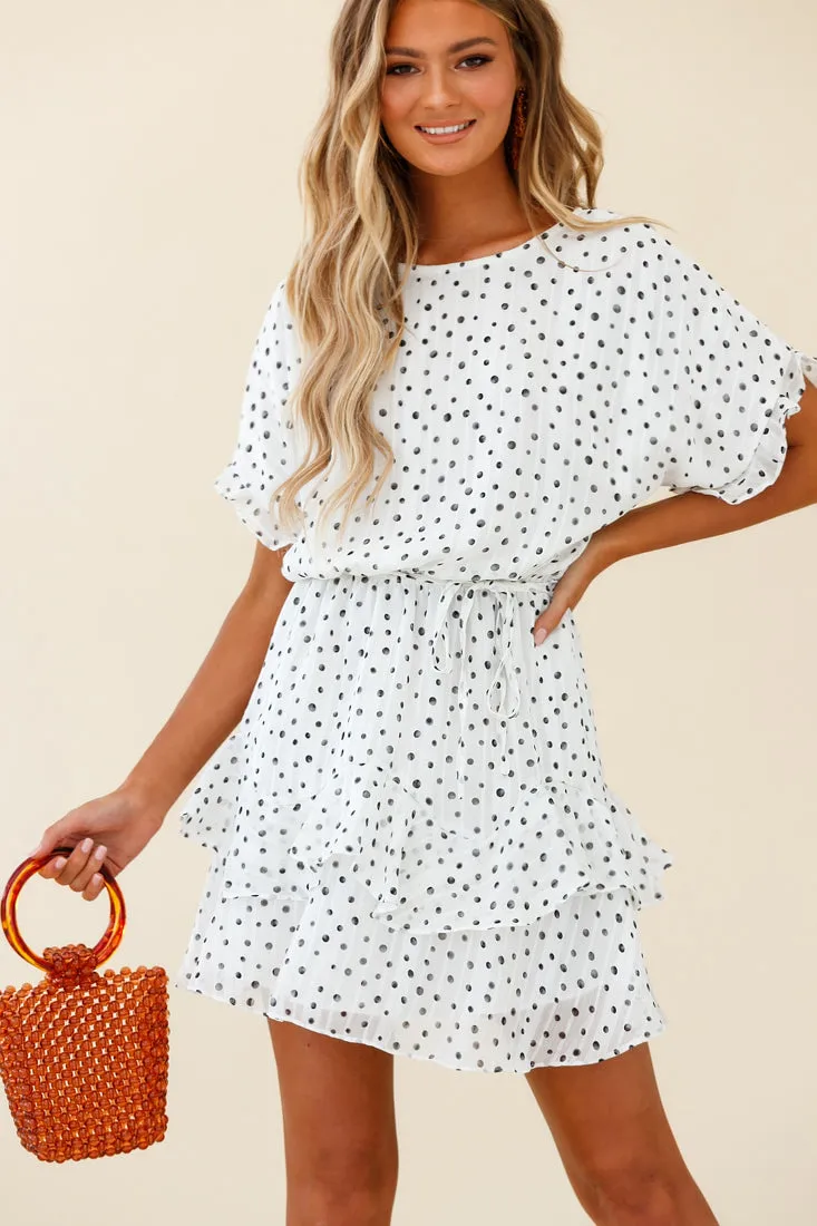 Mollina Frill Sleeve Layered Hem Dress Spot Print White