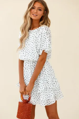 Mollina Frill Sleeve Layered Hem Dress Spot Print White