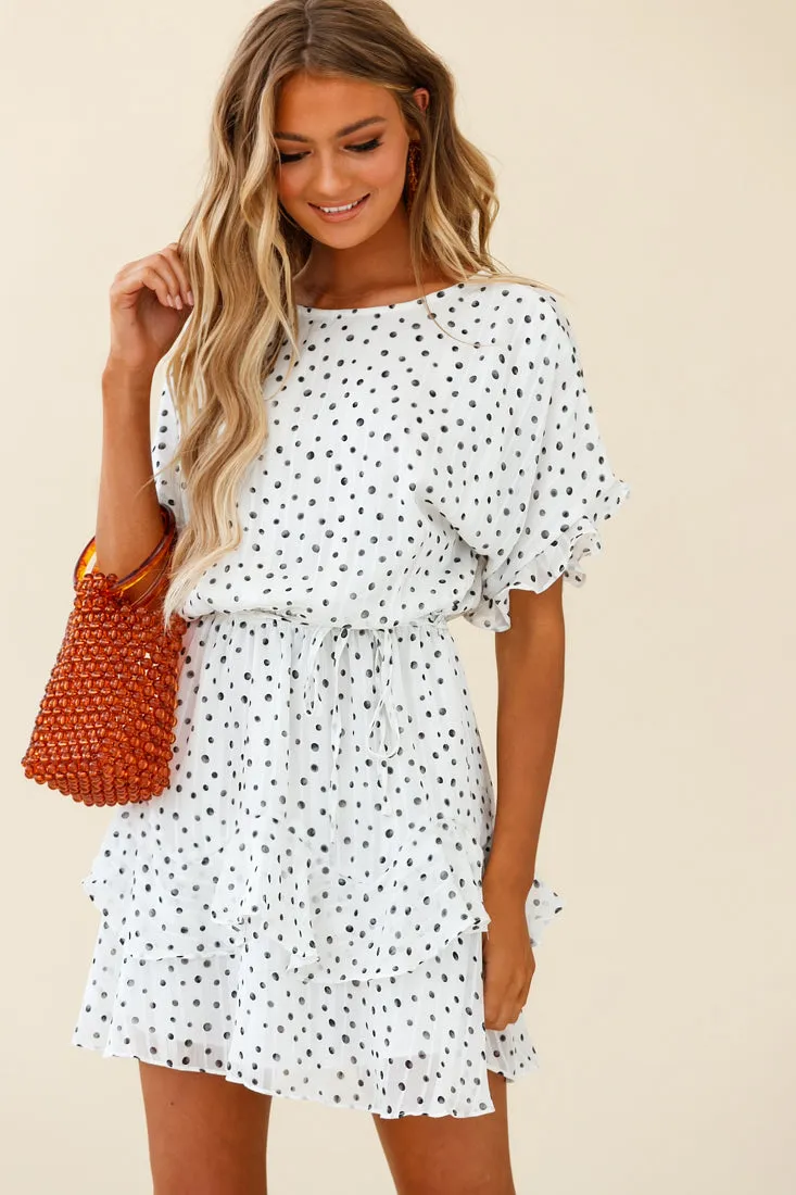 Mollina Frill Sleeve Layered Hem Dress Spot Print White