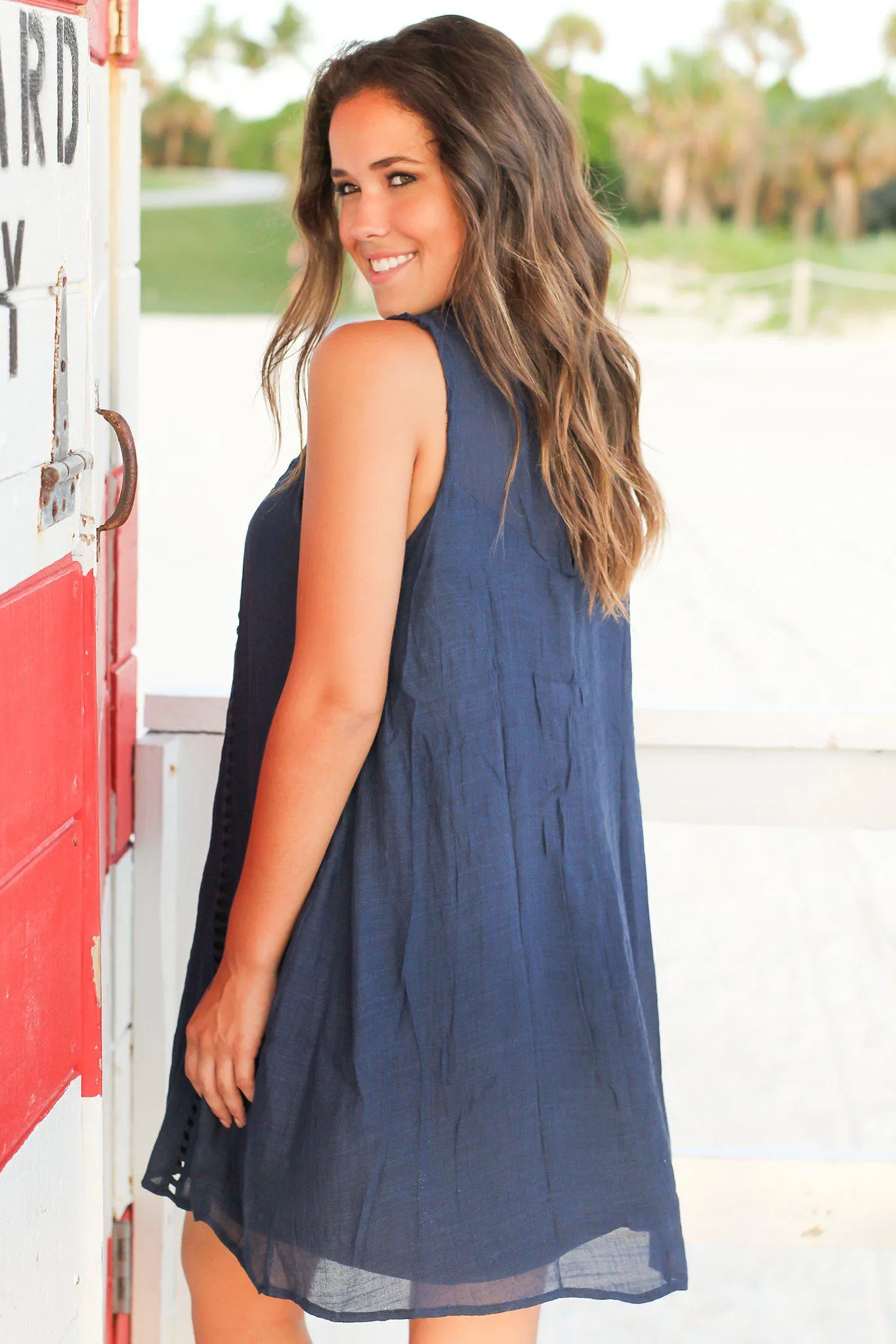 Navy Crochet Short Dress with Cut Out Detail