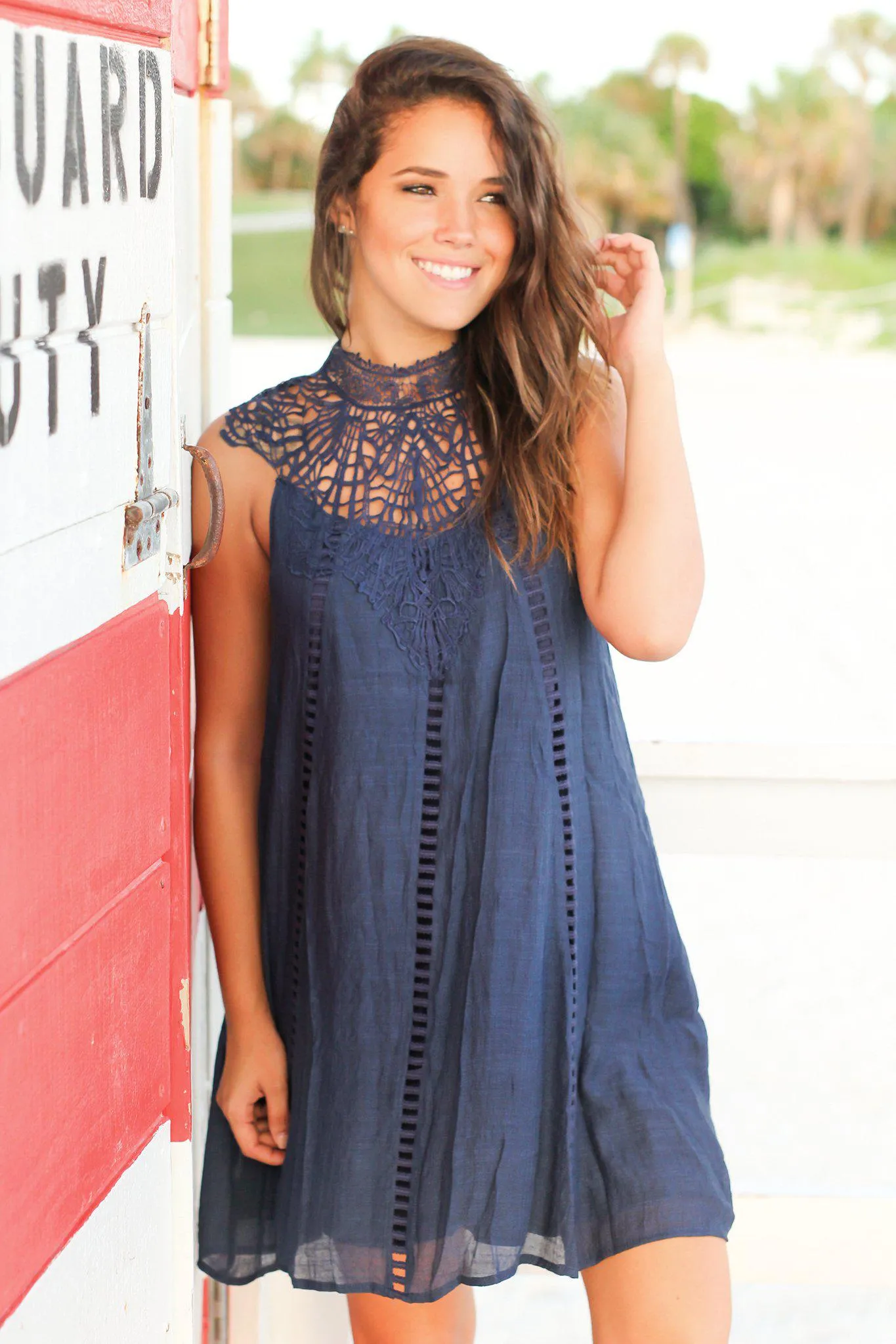 Navy Crochet Short Dress with Cut Out Detail