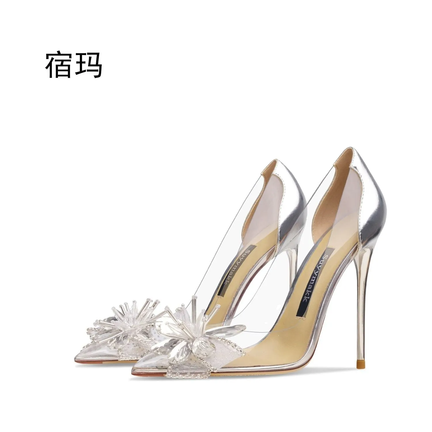 New Comfortable Clear Women Pointed Toe Pumps Clear Rhinestones High Heel Shoes