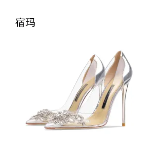 New Comfortable Clear Women Pointed Toe Pumps Clear Rhinestones High Heel Shoes