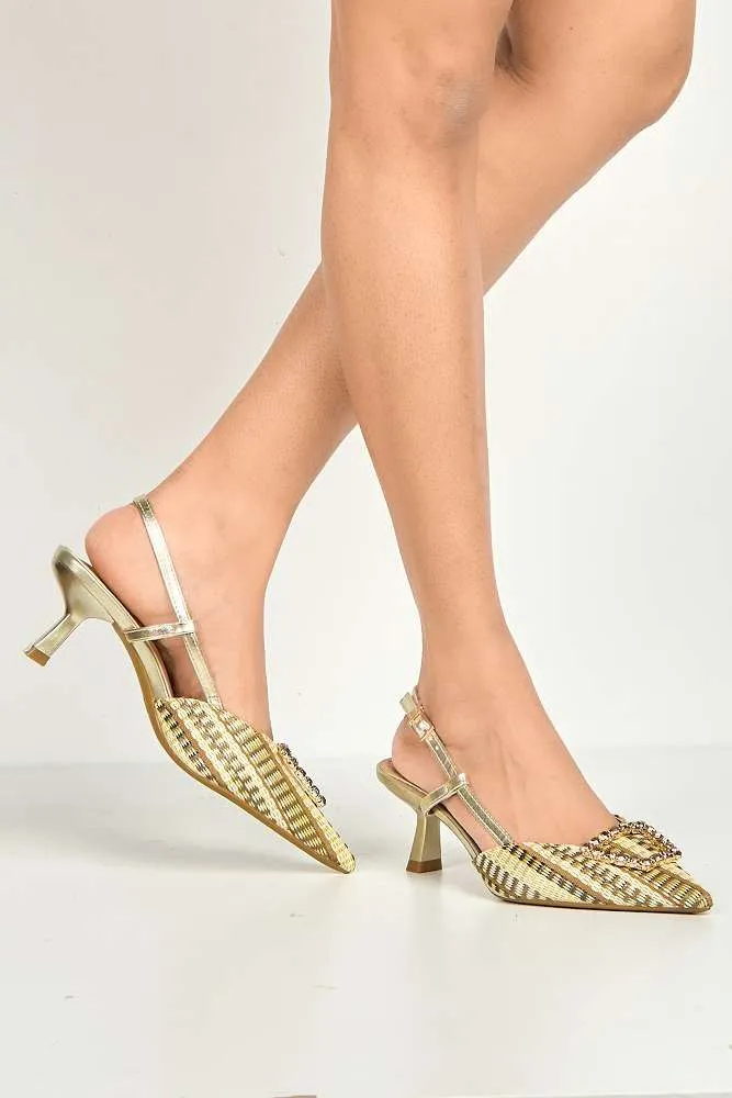 Nora Brooch Detail Textured Slingback Court Shoes in Gold