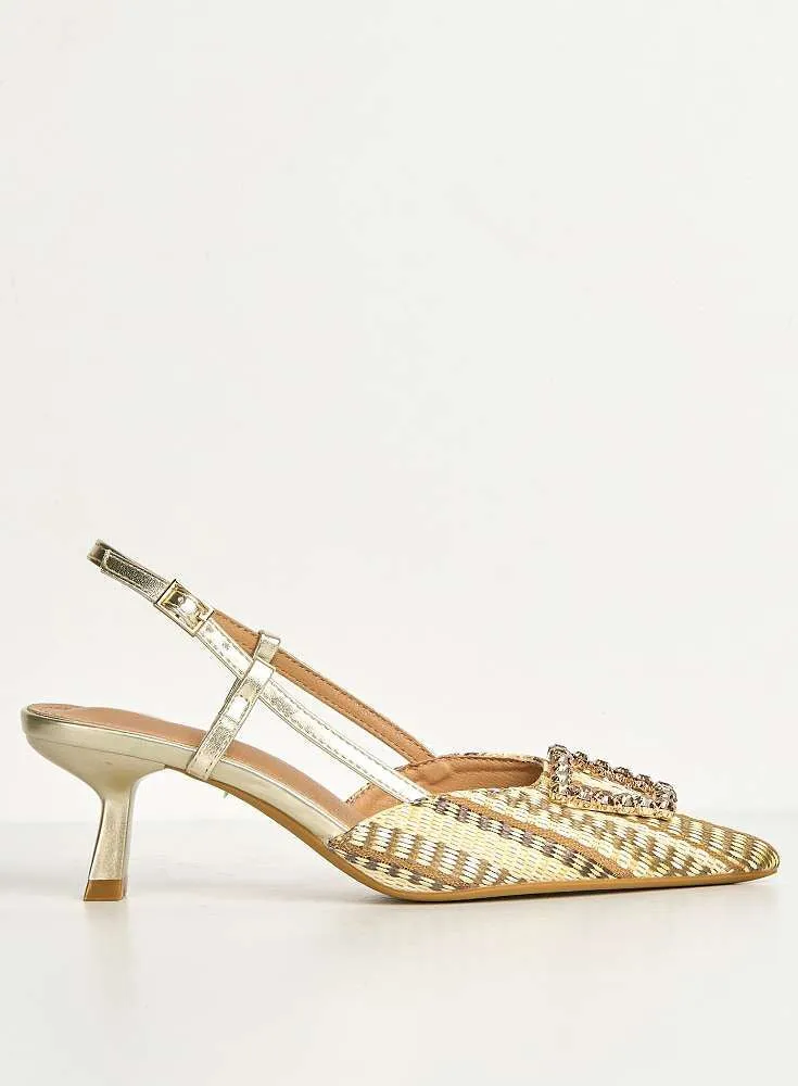 Nora Brooch Detail Textured Slingback Court Shoes in Gold