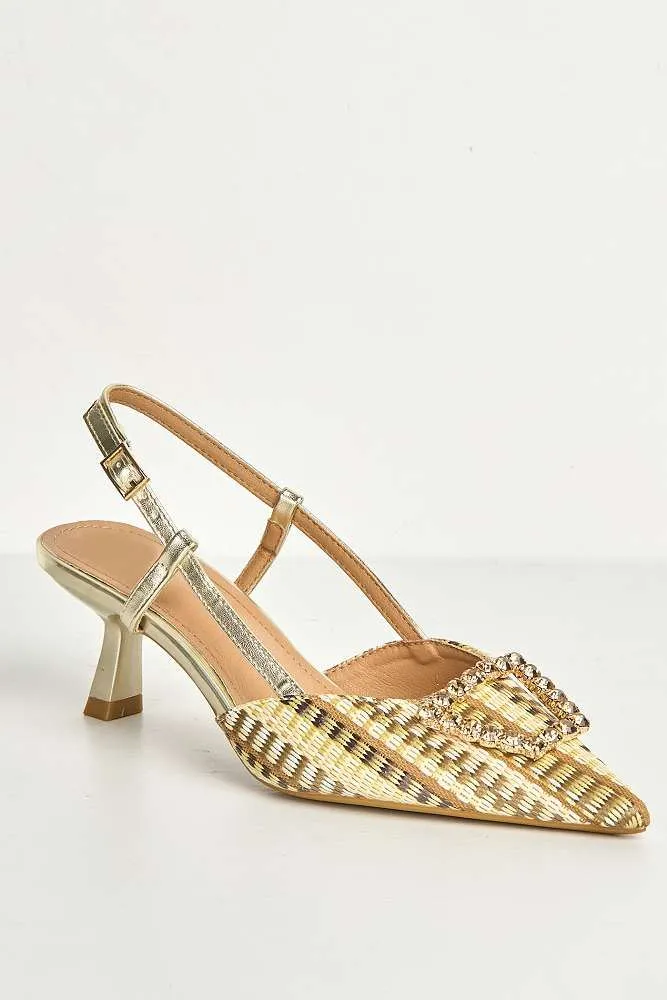 Nora Brooch Detail Textured Slingback Court Shoes in Gold